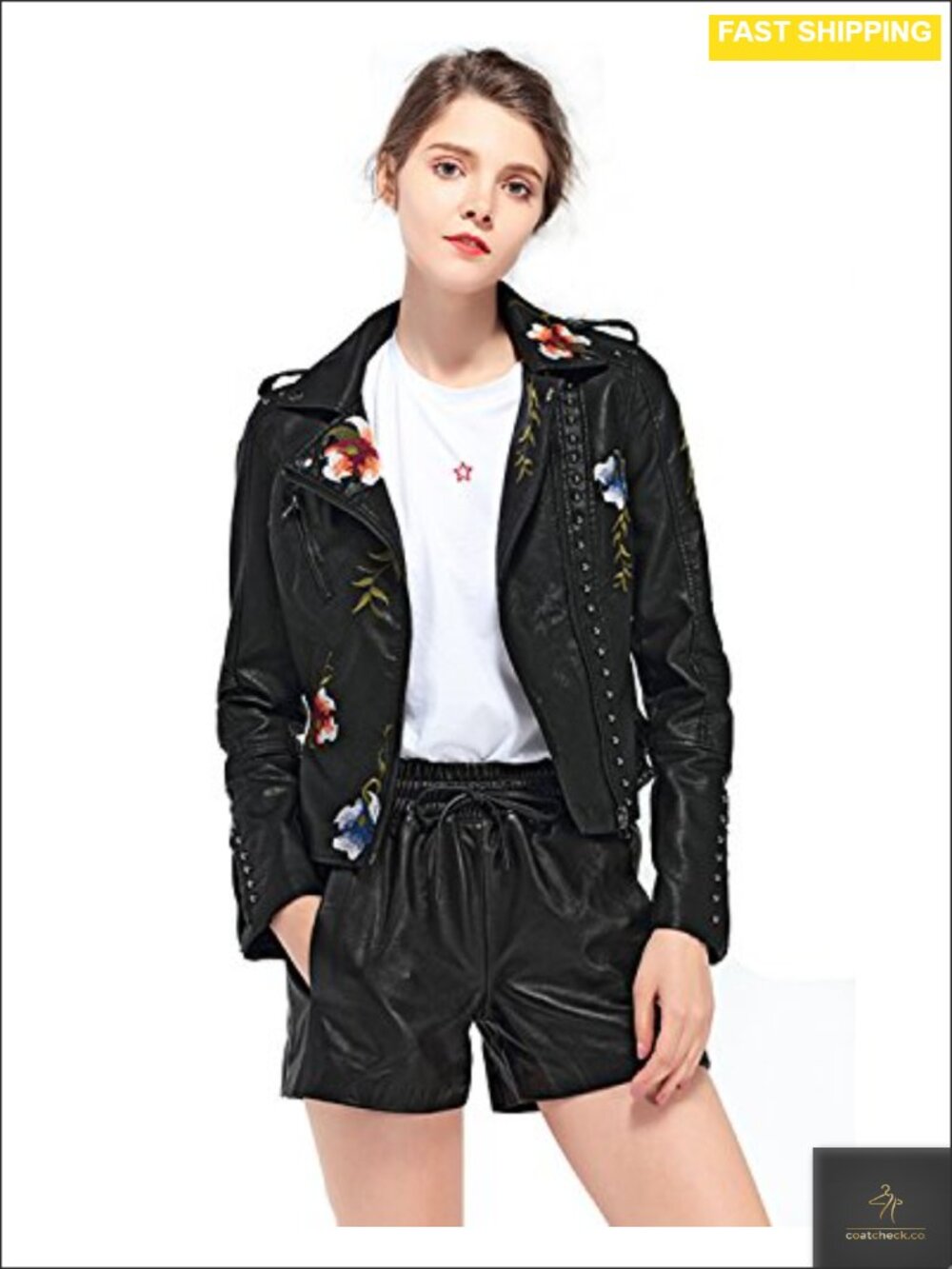 Floral Embroidered Faux Leather Moto Jacket Long Sleeve Faux Leather Coat